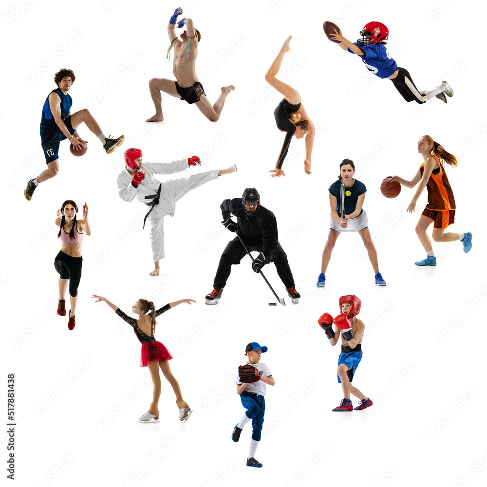 Set of dynamic portraits of young people and children doing different sports, training isolated over white studio background.