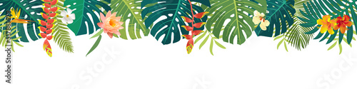 Vector Hawaiian Summer beautiful jungle exotic leaves long horizontal banner. Botanical summer design. Monstera, hibiscus, bird of paradise, plumeria flowers, tropical plants. Summertime illustration