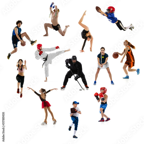 Set of dynamic portraits of young people and children doing different sports  training isolated over white studio background.