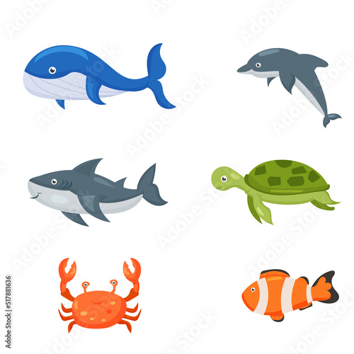 Fish and wild marine animals are isolated on white background. of the sea world, cute, funny underwater