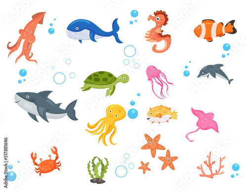 Fish and wild marine animals are isolated on white background. of the sea world, cute, funny underwater