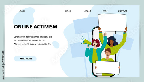 Online activism. Protesting persons with banners on smartphone screen. Digital Protest Landing Page Template. Vector illustration.