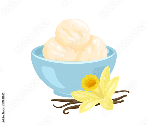 Vanilla ice cream in bowl, flower and vanilla sticks isolated on white. Vector cartoon flat illustration of sweet dessert.