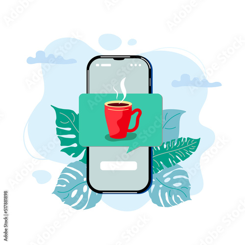 Mug with hot drink on mobile phone notification. Food delivery, beverage online shopping concept. Vector illustration.