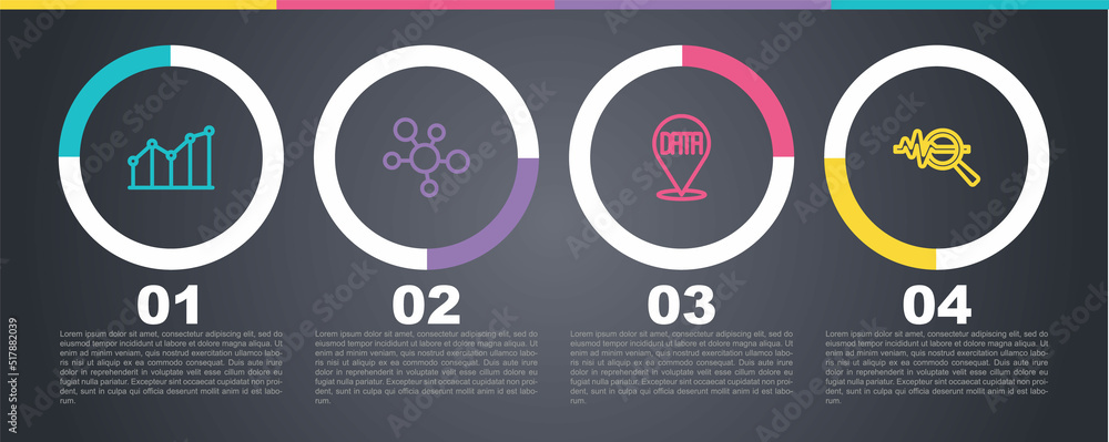 Set line Pie chart infographic, Mind map, Data analysis and Search data. Business infographic template. Vector Set line Pie chart infographic, Mind map, Data analysis and Search data. Business infographic template. Vector