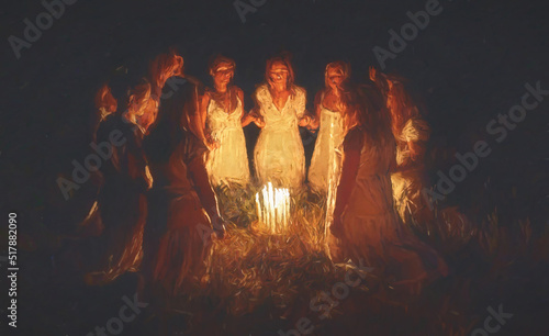 Women at the night ceremony. Ceremony space. Painting effect.