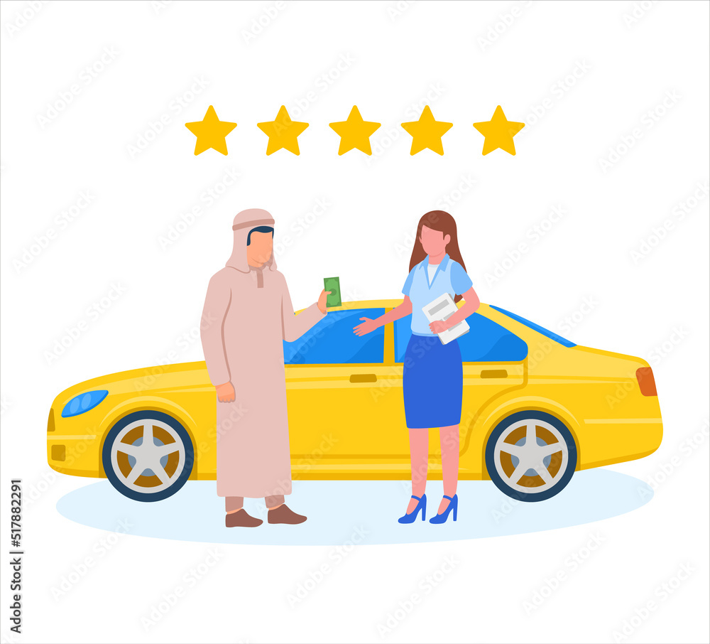 Rent car sharing service arab muslim man and woman signing contract vector illustration