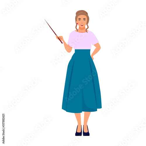 Online learning concept.  Back to school. Female teacher with pointer stick in dress. Vector illustration in flat style