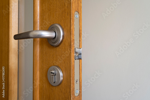 Close interior doors. Shiny doorknob on a wooden door. The concept of interior details.