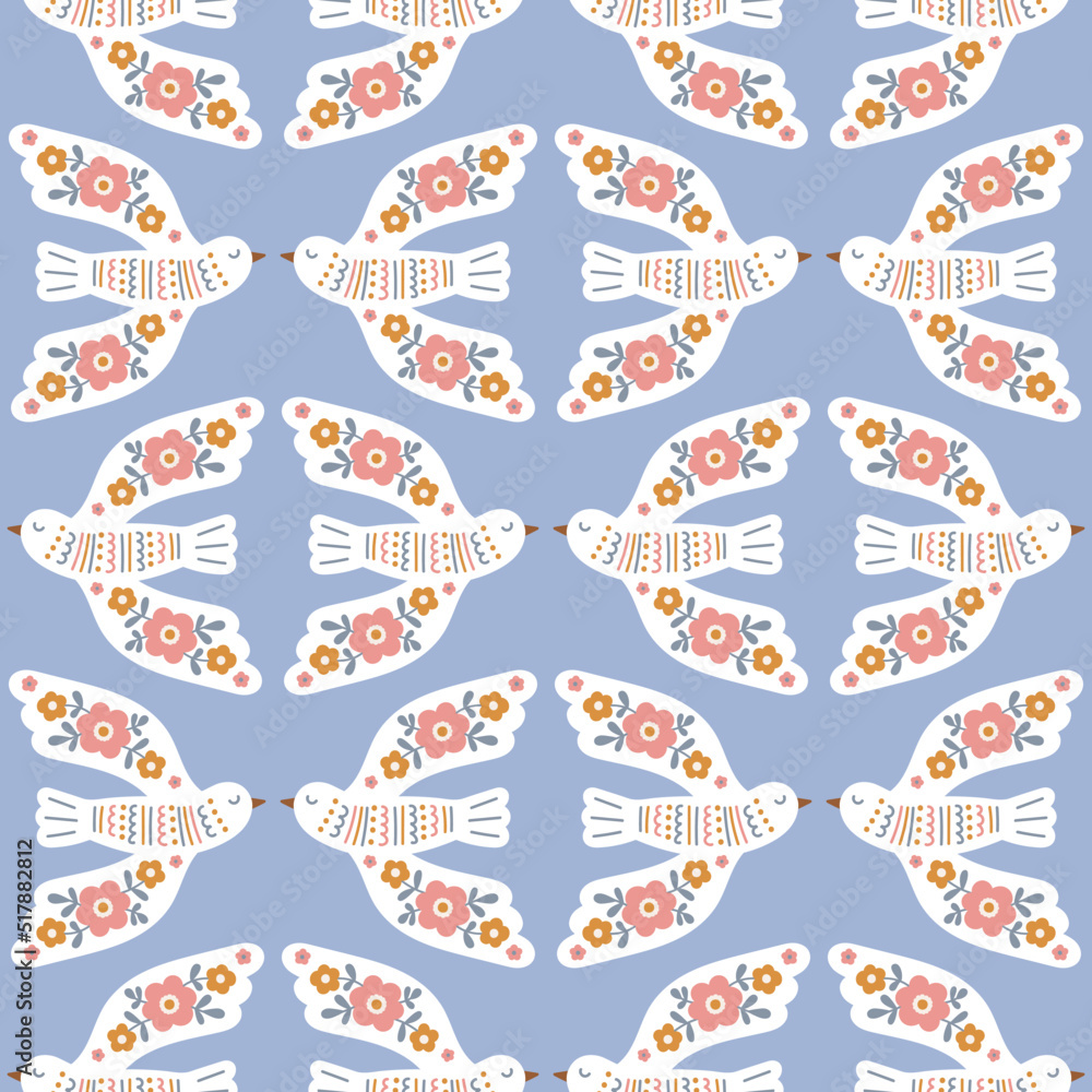 Naklejka premium Vector seamless pattern with birds. Spring background with decorative pigeons. Hand drawn birds with floral ornament.