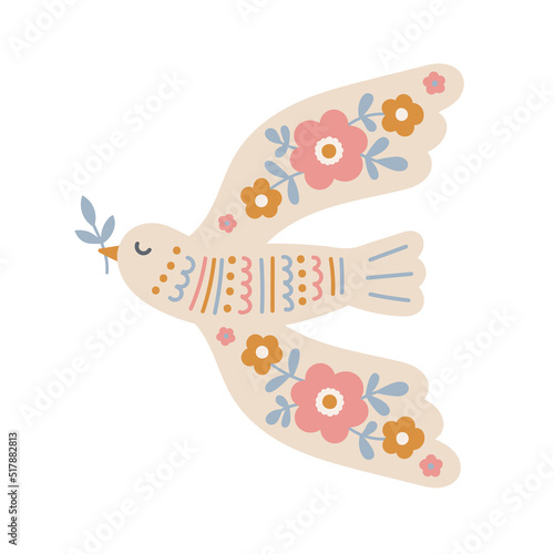 Vector hand drawn bird with plant. Illustration in flat style. Peace card. Pigeon with floral ornament. Isolated.