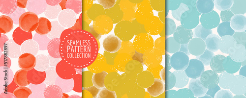 Set with stylish seamless patterns with watercolor shapes and stains. Vector backgrounds, prints, designs.