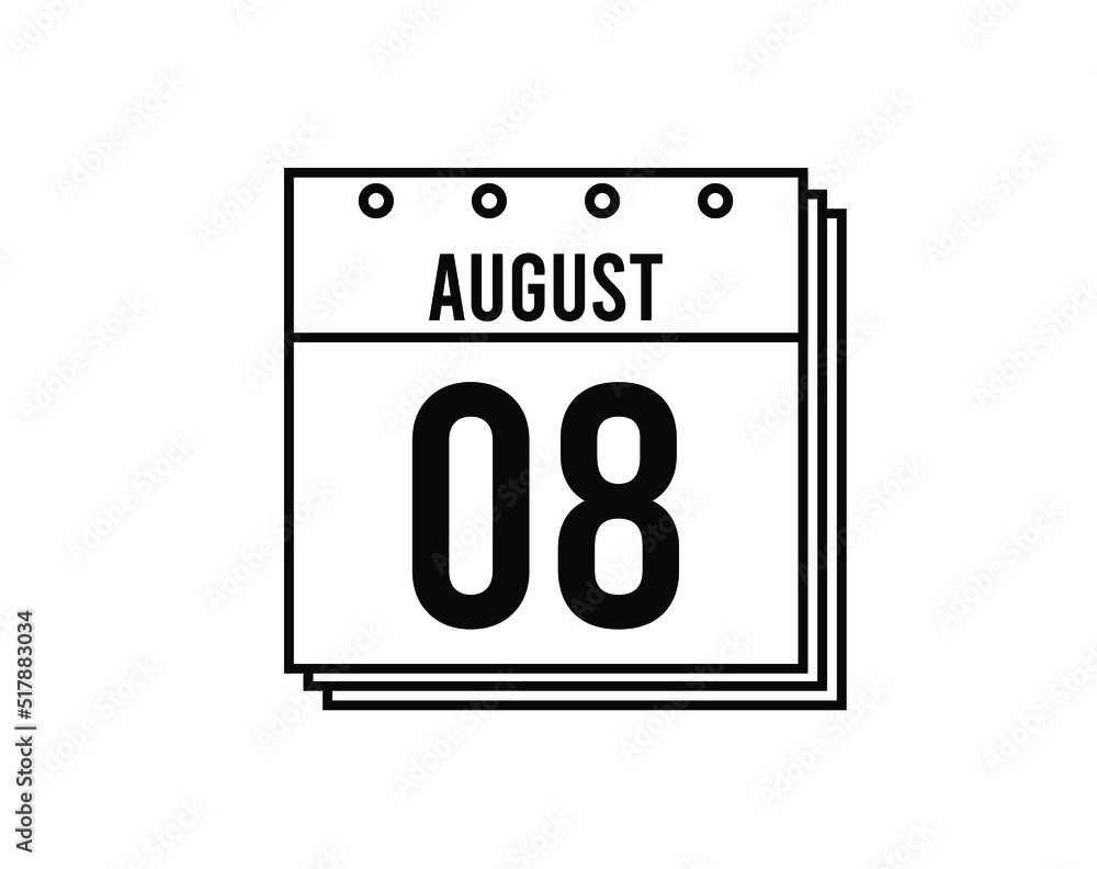 August 8 calendar. August month calendar black and white icon. Simple 3D vector. August 8 calendar. August month calendar black and white icon. Simple 3D vector.