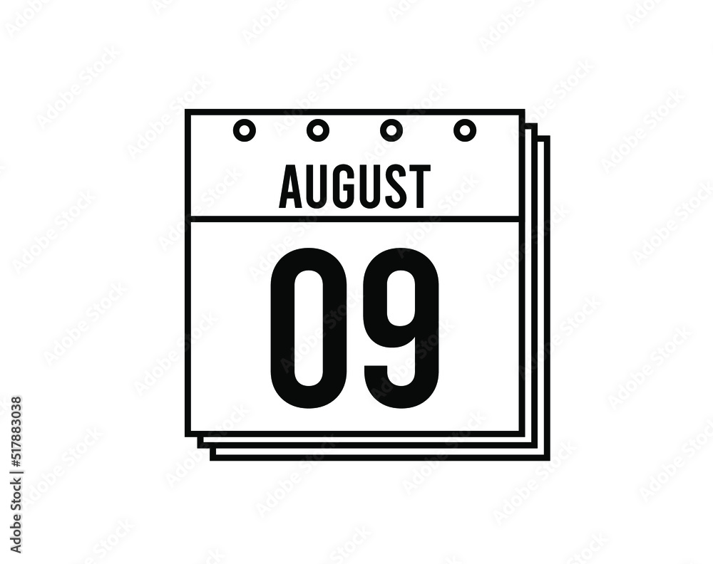 August 9 calendar. August month calendar black and white icon. Simple 3D vector. August 9 calendar. August month calendar black and white icon. Simple 3D vector.