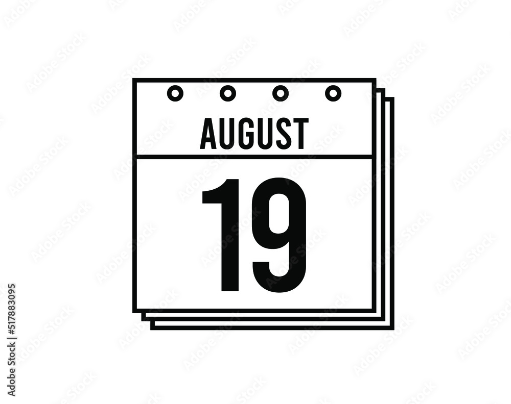 August 19 calendar. August month calendar black and white icon. Simple 3D vector. August 19 calendar. August month calendar black and white icon. Simple 3D vector.
