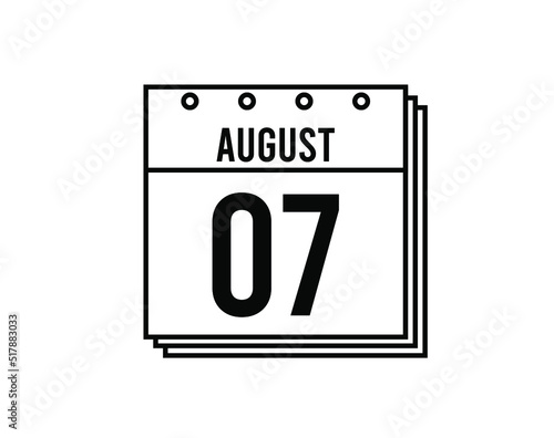 August 7 calendar. August month calendar black and white icon. Simple 3D vector.