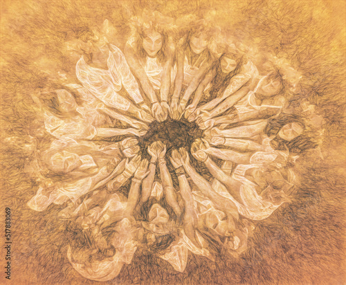 Foto Women in flower wreath, symbol of summer solstice and drawing efect