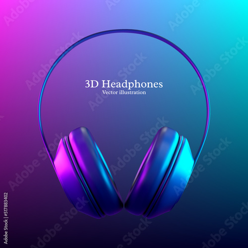 3d realistic vector headphones with neon lights in pink and blue colors. Headphones product background.
