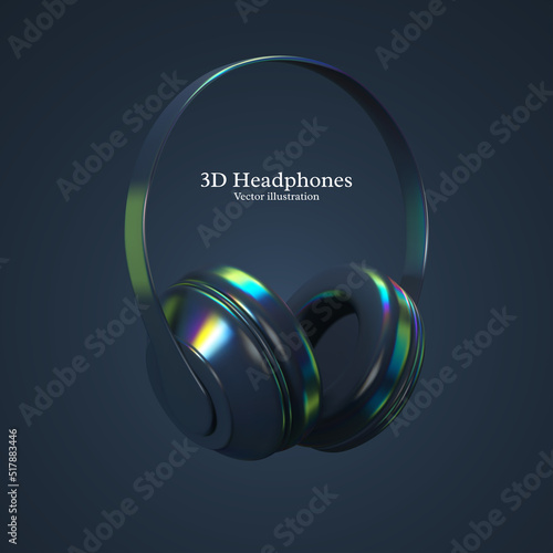 3d realistic vector headphones with iridescent colors. Trendy glossy holographic design. Headphones product background.