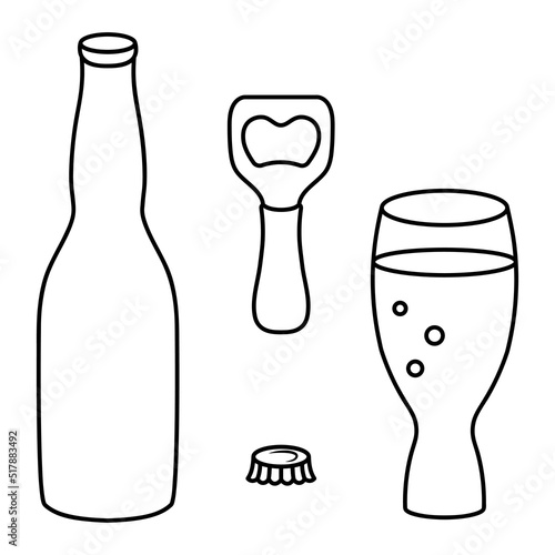 Beer bottle, drink glass, metal lid and bottle opener. Sketch. Vector set of illustrations. The beer bubbles in the glass. Outline on isolated background. Doodle style. Idea for web design.