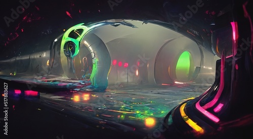 Abstract futuristic tunnel with glowing multicolored neon lights. Cyberpunk background. Fluid neon. Glowing liquid surface. Future concept. Futuristic wallpaper. 3D illustration.