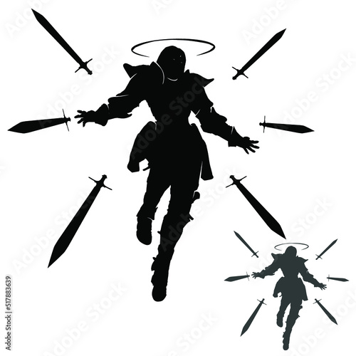 The black silhouette of a female magician in plate armor, she hovers in the air with six swords held by telepathy. 2d dynamic action vector art