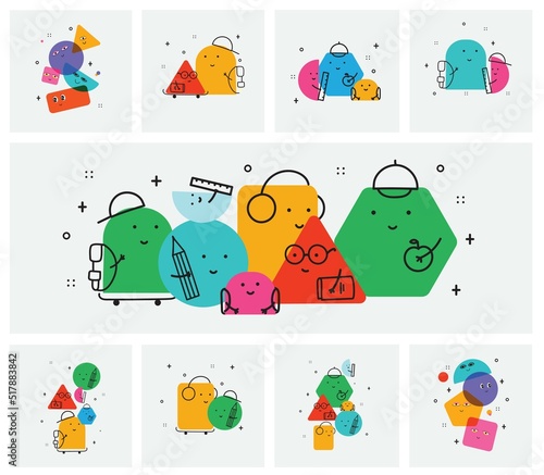 Collection of abstract comic Faces with various Emotions. Crazy Abstract comic geometric shape figures characters elements and faces.