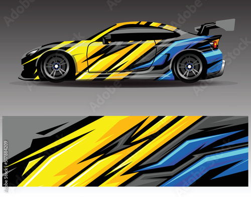 Car wrap design vector, truck and cargo van decal. Graphic abstract stripe racing background designs for vehicle, rally, race, adventure and car racing livery. © Gib