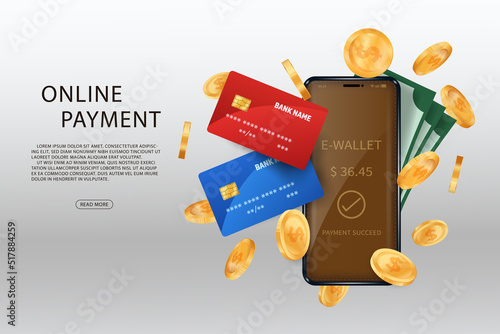 Vector online payment and e wallet concept. Online banking app. Payment by credit card.