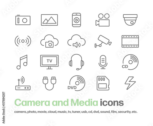 カメラ,写真,動画,スマートフォン,テレビ等のメディアに関するアイコンセット。音声,チューナー,マイク,ヘッドセット,セキュリティに関するアイコンが含まれている。
