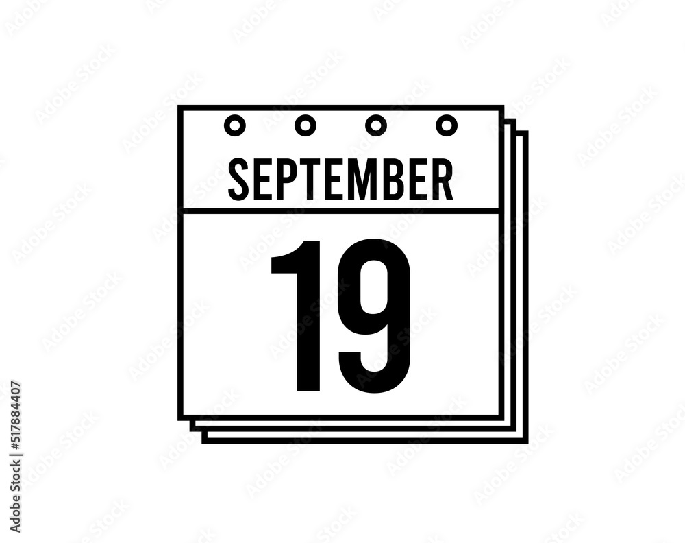 September 19 calendar. September month calendar black and white icon. Simple 3D vector.