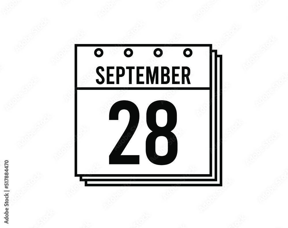 September 28 calendar. September month calendar black and white icon. Simple 3D vector.