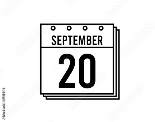 September 20 calendar. September month calendar black and white icon. Simple 3D vector.