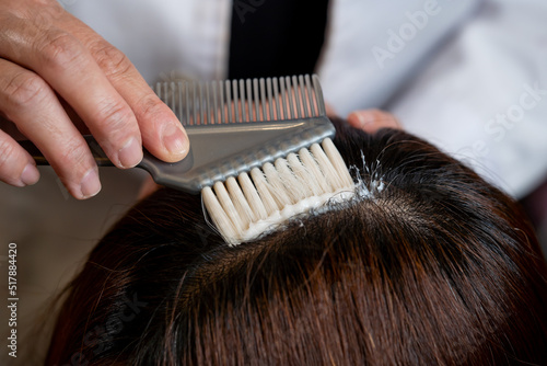 Close up of hair dye process. Hand holding brush for hair dye with blur background. Hair beauty concept.