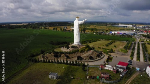 Flight above Christ the King Statue in Swiebodzin, Poland. Drone. photo