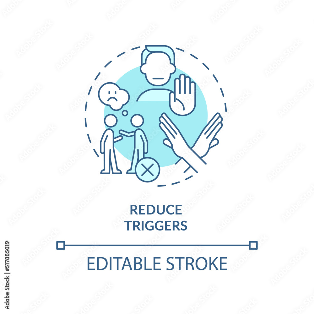 Reduce triggers turquoise concept icon. Emotional regulation strategy abstract idea thin line illustration. Isolated outline drawing. Editable stroke. Arial, Myriad Pro-Bold fonts used