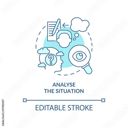 Analyse situation turquoise concept icon. Strategy for emotional regulation abstract idea thin line illustration. Isolated outline drawing. Editable stroke. Arial, Myriad Pro-Bold fonts used