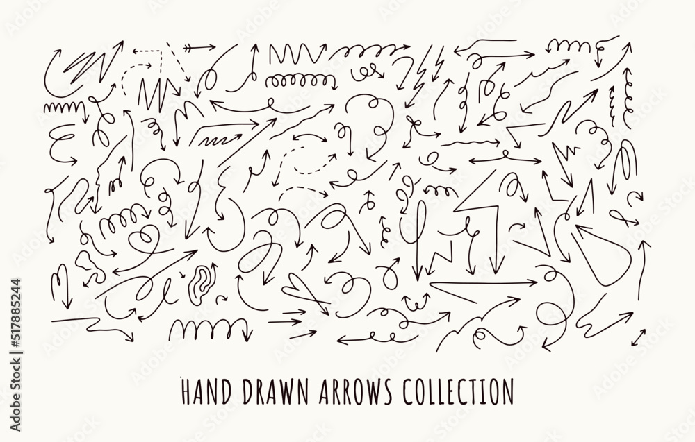Collection of various arrows. Vector hand drawn set. All elements are isolated.