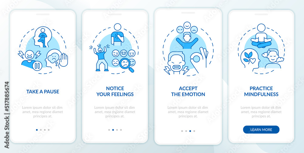 Emotional regulation skills blue onboarding mobile app screen. Walkthrough 4 steps editable graphic instructions with linear concepts. UI, UX, GUI template. Myriad Pro-Bold, Regular fonts used