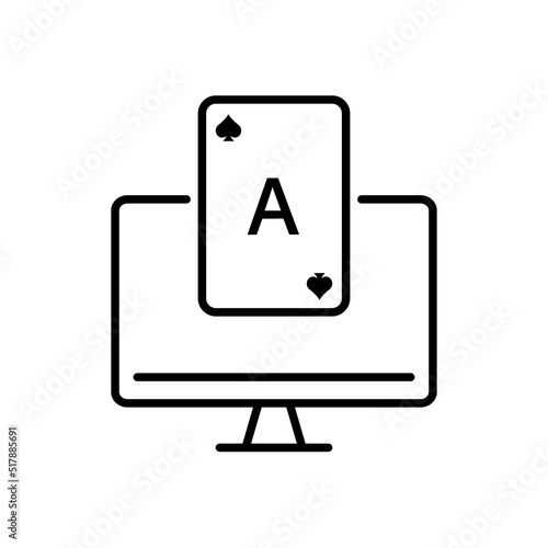 Internet Poker Club on Computer Outline Pictogram. Play Card Gambling Lucky Success Jackpot Flat Symbol. Casino Online Black Jack Line Icon. Online Gambling. Isolated Vector Illustration