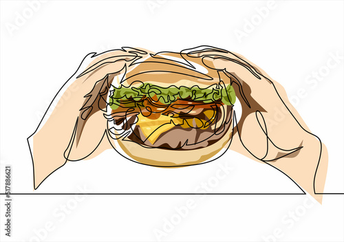 Delicious beef burger with cheddar cheese,  held in two hands -line drawing 