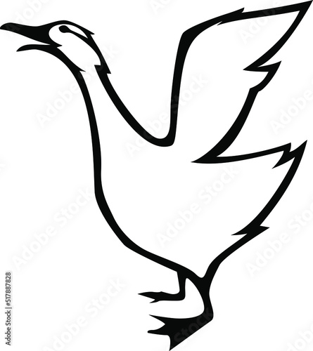 A screaming goose with raised wings. Vector isolated monochrome stylized image.
