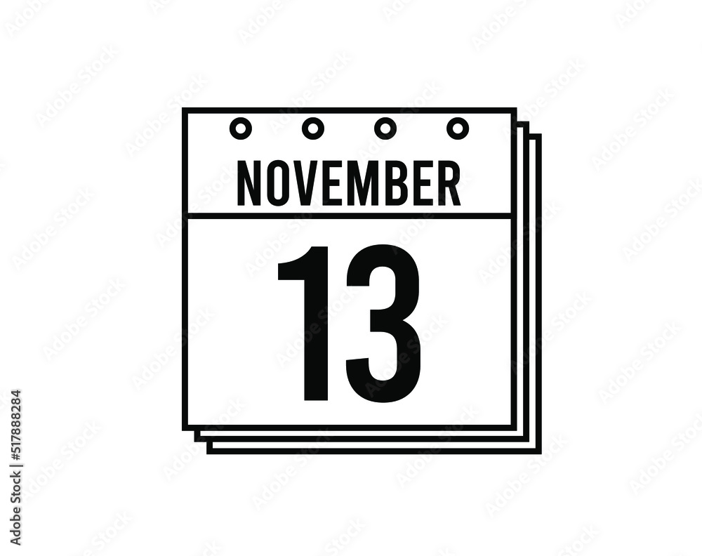 November 13 calendar. November month calendar black and white icon. Simple 3D vector. November 13 calendar. November month calendar black and white icon. Simple 3D vector.