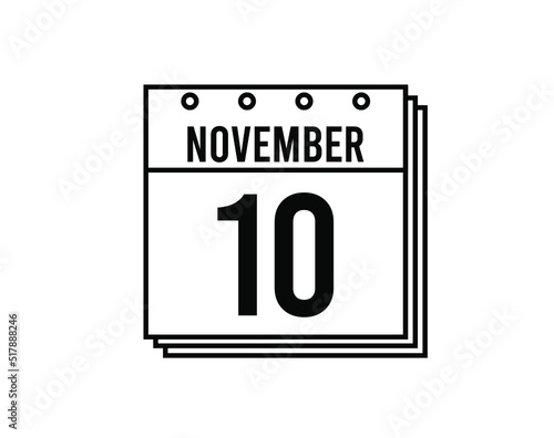 November 10 calendar. November month calendar black and white icon. Simple 3D vector.