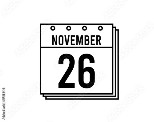 November 26 calendar. November month calendar black and white icon. Simple 3D vector.