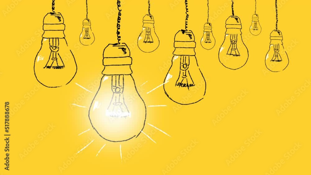 Set of light bulbs hand drawn on a yellow background. Concept of unique thinking. Idea concept. Set of light bulbs hand drawn on a yellow background. Concept of unique thinking. Idea concept.
