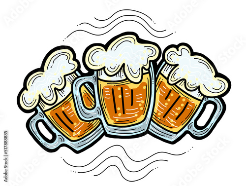 Beer mug full of foamy cold drink. Traditional German beverage. Octoberfest symbol, brewery logo, advertising sign for poster design or postcard. Hand drawn illustration. Cartoon style drawing.