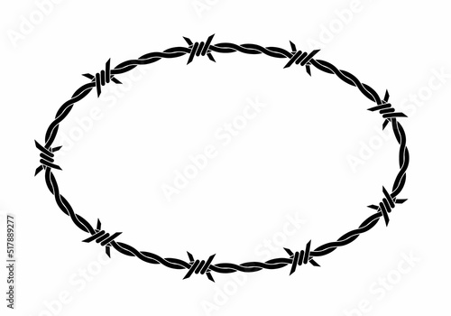 Vector illustration of barbed wire circle isolated on white background. Circle shape frame from twisted barbwire. Security fence sign. 
