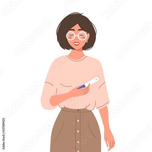 Happy smiling girl holding a pregnancy test. Pregnancy forecast illustration in flat style. Vector