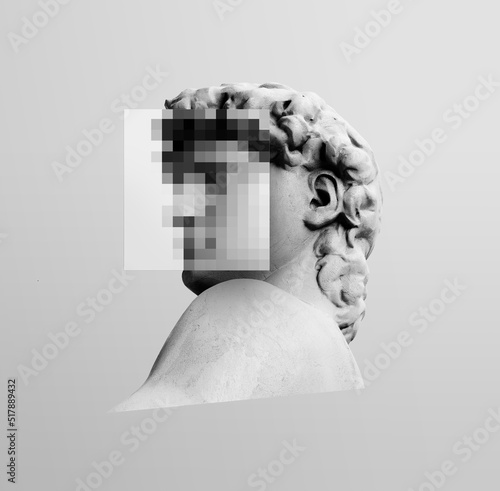 Greek head artwork statue with pixel face template. Style background concept. 